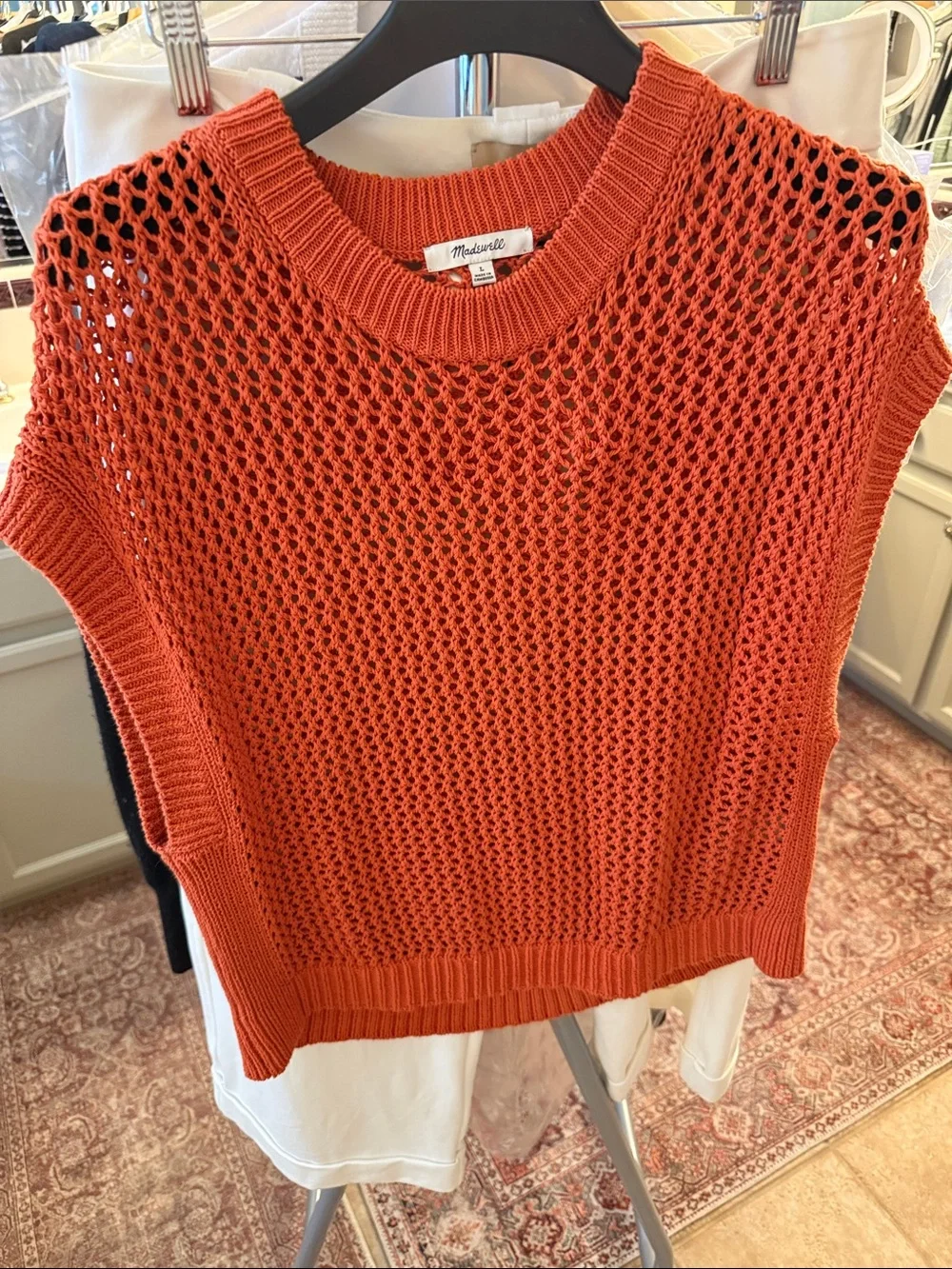 Madewell Orange Open-Knit Sleeveless Crew Sweater Vest